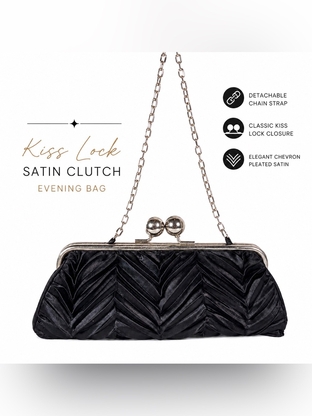 Black Satin Chevron Pleated Evening Clutch Silver Kiss Lock Chain Shoulder Bag